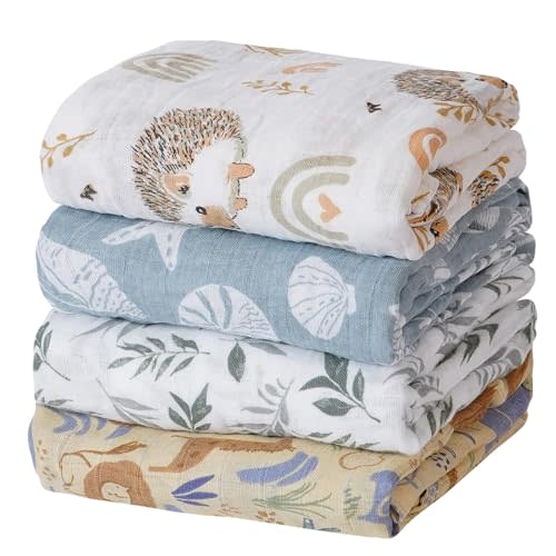 CoolaPeach 4 Set Muslin Swaddle Blankets for Newborn Baby Boys, Girls,Receiving Blankets-Cute Soft Print Baby Towel Wrap 120x110cm Baby (Animal)