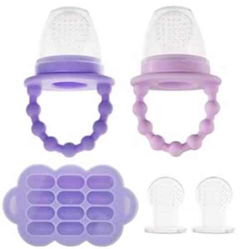 WeeSprout Silicone Baby Food Feeders + Freezer Tray for Batch Prep, Set of 2, Introduce New Foods Safely, Double as Teething Toys, Includes 2 Extra Pouches & Travel Lids, Dishwasher Safe - Bright Purple/Pastel Purple + Bright Purple Tray
