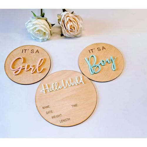 3ps Its a Boy Its a Girl Wooden Sign & Hello World Sign,3D Acrylic Baby Announcement Signs,Gender Reveal Wood Sign for Photo Props,New Mom Gifts,Baby Showers,Hospital & Nursery Decor