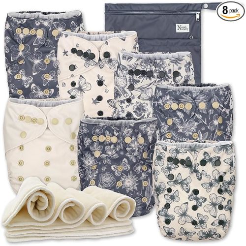 Nora's Nursery Cloth Diapers 7 Pack with 7 Inserts & 1 Wet Bag - Waterproof Cover, Washable, Reusable & One Size Adjustable Pocket Diapers for Newborns and Toddlers - Country Garden
