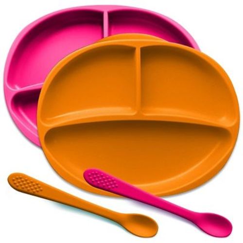 Silicone Suction Plate For Baby - 100% Food Grade Silicone Divided Plate | Toddler Self Feeding Training Suction Plate Set | Bpa-free (pink & Orange)