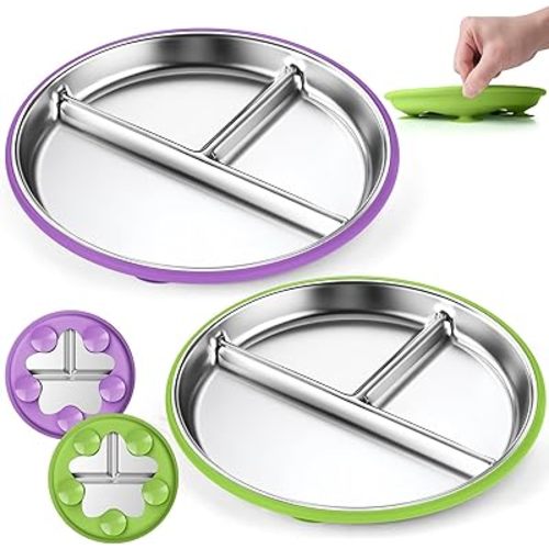 OVV Stainless Steel Kids Plates (2 Pack) – 9 Inch Toddler Divided Plates with Removable Silicone Sleeves & 5 Suction Cups Baby Self Feeding | Mess-Free Mealtime | Dishwasher Safe