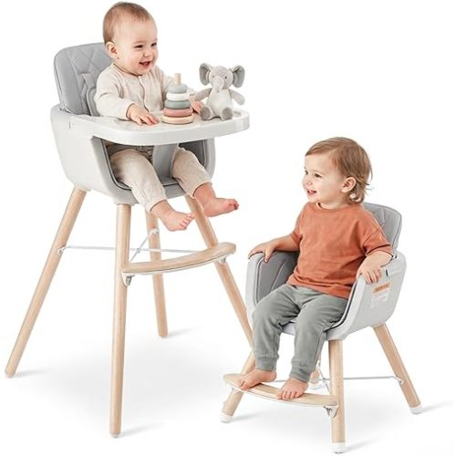 Mallify 3-in-1 Wooden High Chair, Convertible High Chairs for Babies and Toddlers, Baby Highchair with Adjustable Legs & Dishwasher-Safe Tray, Sleek Hardwood & Premium PU Cushion, Gray