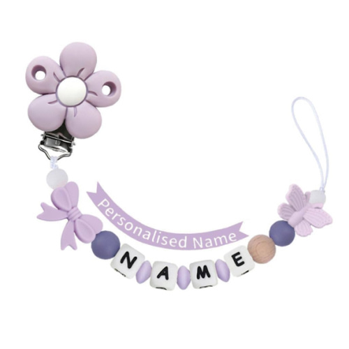 Personalized Baby Pacifier Clip with Name,Customized Name Silicone String Clip for Boy Girl (Purple)
