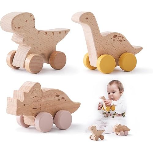 Wooden Dinosaur Cars Montessori Toys for Babies Baby Push Car Toys Wooden Toy Vehicles Development and Infant Grasping Montessori Toys(3PCS)