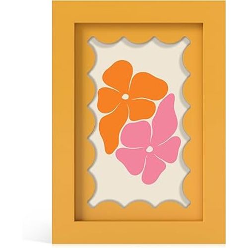 4x6 Picture Frame with Real Glass, Wooden cute 4 x 6 Photo Frame with Wavy Mat for Tabletop and Wall Hanging, Yellow, 1 Pack