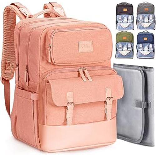 PILLANI Baby Diaper Bag Backpack - Baby Bag for Girls, Diaper Backpack - Large Diaper Bags for Baby Girl w/Changing Pad, Baby Registry Search & Shower Gifts, Newborn Essentials & Items for Mom, Pink