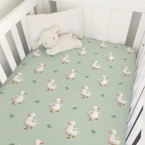 Spring Duck Boho Leaves Baby Crib Sheets for Boy Girl Cute Ducks Green Leaves Soft Snug Fitted Crib Mattress Covers 52''x28'' Standard Crib & Toddler Mattress Pastel Farm Animal Bed Sheets Green