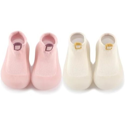 FABRST 2 Pairs Baby Sock Shoes Infant Boys Girls Non Slip Shoes Slippers Toddler First Walking Shoes Slip-on Sneakers