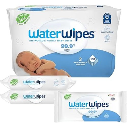 WaterWipes Plastic-Free Original Baby Wipes, 99.9% Water Based Wipes, Unscented & Hypoallergenic for Sensitive Skin, 180 Count (3 packs), Packaging May Vary