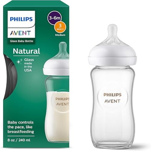 Philips Avent Natural Glass Baby Bottle with Natural Response Nipple (Medium Flow, Flow 3), 8oz, SCY913/01
