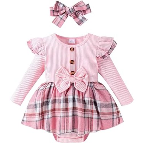 Madjtlqy Toddler Baby Girl Fall Winter Outfit Set Plaid Romper Dress Ruffles Long Sleeve Clothes Jumpsuit with Bow Headband