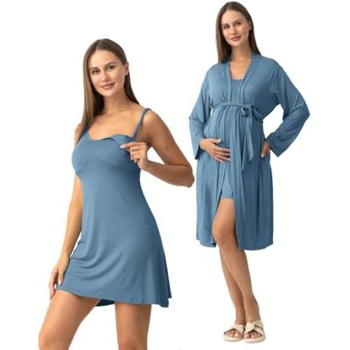 SUNNYBUY Women's Nursing Nightgown Maternity Robe Set, 3 in 1 Labor Delivery Breastfeeding Dress Postpartum Sleepwear
