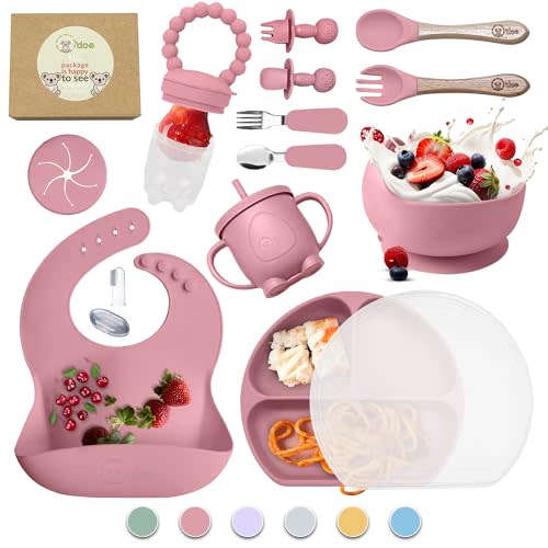 O'doe 17-Piece BPA-Free Silicone Baby Feeding Set | Thick & Soft Suction Plates, Baby Bowls, Wooden Fork & Spoon, and More | Make Mealtime Fun and Easy for Your Little One | Pink, V2