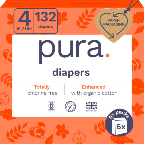 Pura Sensitive Soft Sustainable Baby Diapers, Size 4, 132 Count, Chlorine & Fragrance-Free, Dermatologist Approved