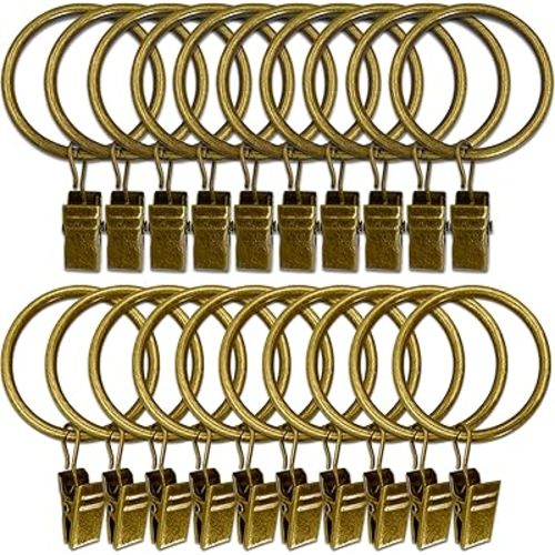 20 Pack Metal Curtain Rings with Clips, Curtain Clip Rings Hooks for Hanging Drapery Drapes Bows, Curtain Rod Rings 1.5 inch Interior Diameter, Bronze