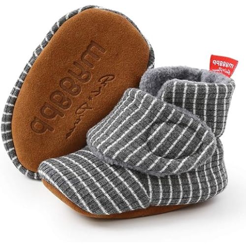 Timatego Newborn Baby Boys Girls Booties Stay On Socks Non Skid Soft Sole Infant Toddler Warm Winter House Slipper Crib Shoes 0-18 Months - 0-6 Months Infant - 11 Dark Grey White