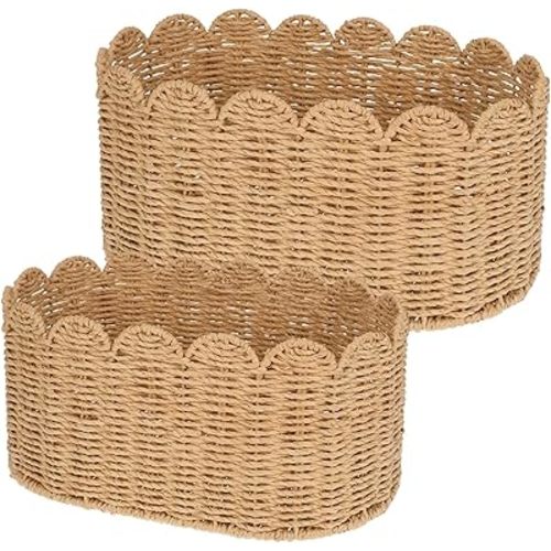 2 PCS Scalloped Basket Set - Hand-Woven Rattan Baskets Decorative Wicker Organizer Box with Scalloped Edge for Living Room, Bedroom, Laundry, Nursey Storage (15.7" x 6.9" x 9.5" and 13.8" x 6" x 7.9")