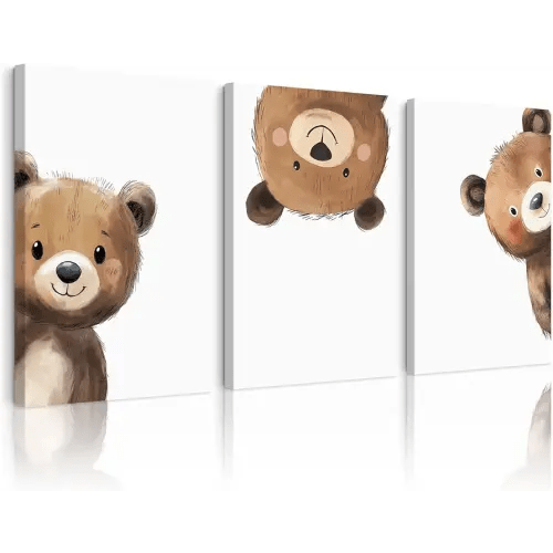 Bear Nursery Wall Art Decor Kids Canvas Poster Baby Boy Nursery Wall Decor Woodland Animal Pictures Teddy Peeking Bear Prints Cute Brown Painting Neutral Artwork Bedroom 12x16x3 Inch Ready to Hang