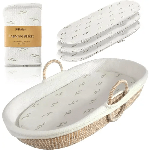 Seagrass Baby Changing Basket Set w/Soft Basket Cover, Comfy Pad & 3 Waterproof Bamboo Jacquard Covers - Organic Handwoven Moses Basket for Babies CPSC Compliant - Boho Changing Basket for Dresser