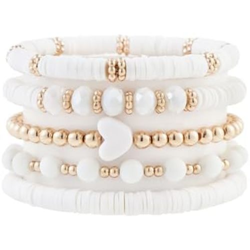 Heishi Beaded Stretch Bracelets for Women Stackable Gold Polymer Clay Beads Bracelets Friendship Boho Summer Beach Bracelets Jewelry Set