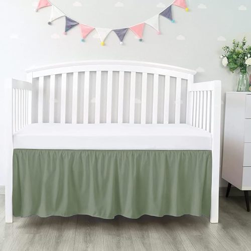 100% Egyptian Cotton, Nursery Crib Toddler (28" x 52" + 14") 800 Thread Count Crib Skirt Dust Ruffle, Bedding Skirts for Baby Boys or Girls, 14" Drop, Sage Solid