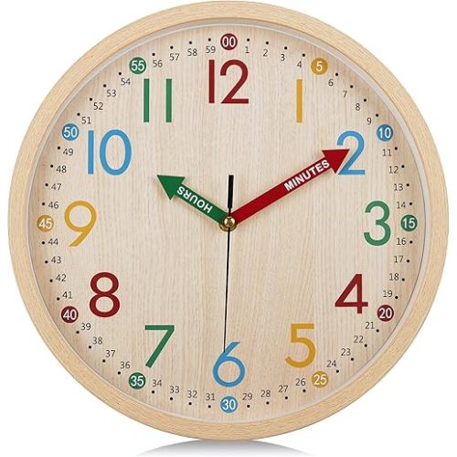 Lafocuse 12 Inch Silent Wood Grain Colorful Learning Clocks for Kids, Horloge Murale Enfant Decorative Wall Clocks for Kids Bedrooms, Wall Decor for School Classroom Playroom Living Room