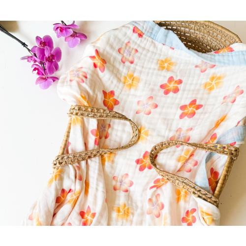 Organic Bamboo & Cotton Plumeria Muslin Baby Blanket or Swaddle, Tropical Flower Gift For newborns or kids, Perfect Hawaiian Nursery Decor