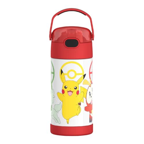 THERMOS FUNTAINER Water Bottle with Straw - 12 Ounce - Kids Stainless Steel Vacuum Insulated Water Bottle with Lid, Pokmon