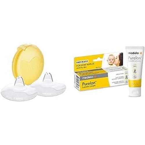 Medela Latch & Protect Bundle | 2 Count 20mm Small Nipple Shields with Carrying Case & Purelan Lanolin Nipple Cream | Purelan to Protect Against Cracked Nipples | Shields to Support Latch Issues
