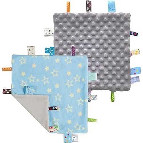 CREVENT Tag Security Blankets for Babies, Soft Small Loveys for Boys, Baby Comforter Sensory Blanket, Great Gifts for Birthday Baby Shower - 10"X10" Blue Star + Grey