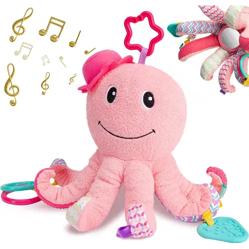 Sumobaby Infant Baby Musical Stuffed Animal Activity Soft Toys, Baby Teething Toys with Multi-Sensory Crinkle, Rattle and Mirror, for Tummy Time Newborn 0-3-6-12 Months Girls, Octopus, Pink