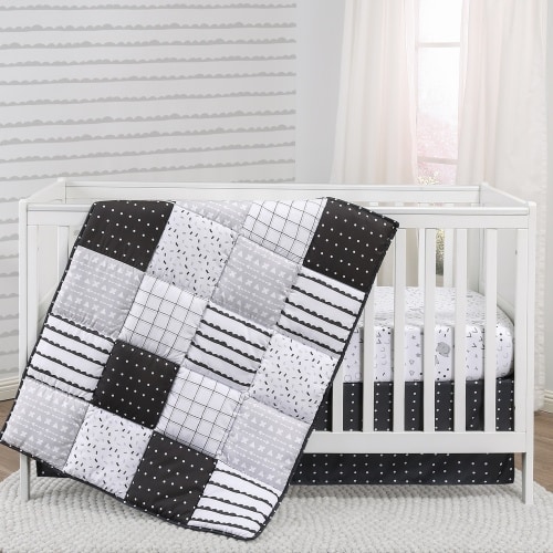 The Peanutshell Preston Black and White 3 Piece Nursery Bedding Sets, with Quilt, Fitted Sheet, Dust Ruffle