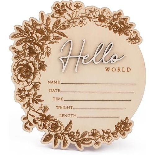 Baby Name Announcement Sign – Floral Wooden Hello World Plaque for Newborn Photo Prop