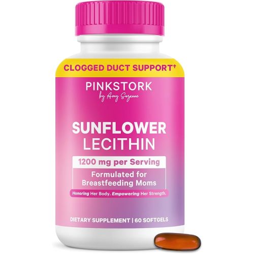 Pink Stork Sunflower Lecithin Supplement - 1200 mg for Clogged Milk Ducts - Breastfeeding Essentials for Postpartum Moms - Supports Breast Milk Flow - 60 Softgels