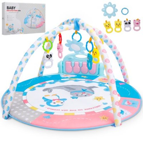 Tummy Time Mat, 5-in-1 Baby Play Gym, Kick and Play Piano Gym with 5 Infant Learning Sensory Baby Toys, Extra Large Thickened and Non Slip Mat Washable for Newborn Babies