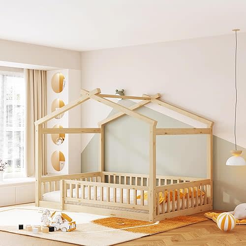 Bellemave Full Size Montessori Floor Bed, Wood House Bed Frame, House Bed for Kids, Montessori Bed with Fence, Playhouse for Kids, Natural