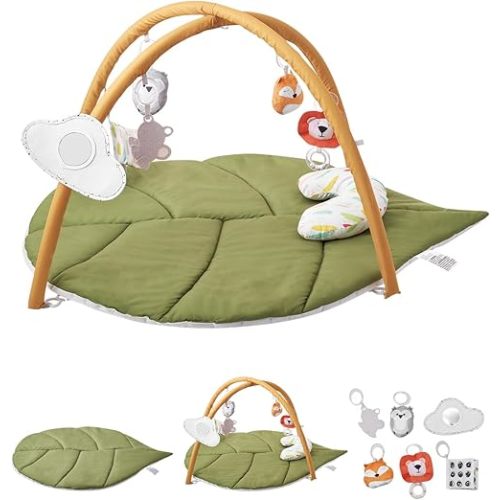 VEVOR Baby Play Gym Mat, Baby Activity Mat with 6 Sensory Toys, Oversize Leaf-Shaped Tummy Time Mat for 0-18 Months Newborn Infant, Baby Essential Gift for Motor Skills & Early Cognitive Development