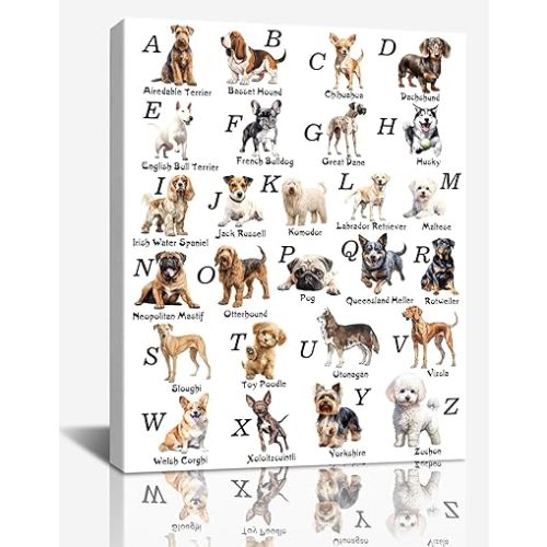 Framed ABC Poster Nursery Wall Decor,Cute Dogs Art Poster,Funny Dog ABC Alphabet Canvas Wall Art for Living Room Mural Bedroom Kids Room Decoration (12X16inch)