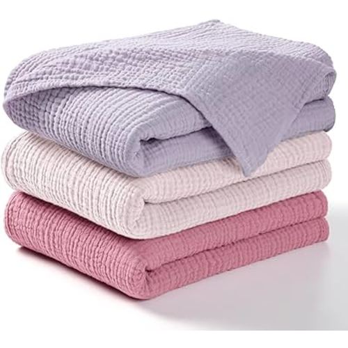 lulumoon Muslin Swaddle Blanket Baby - Cotton Swaddling Blanket Soft Baby Receiving Blankets Neutral 3Pack(Pink+Purple)