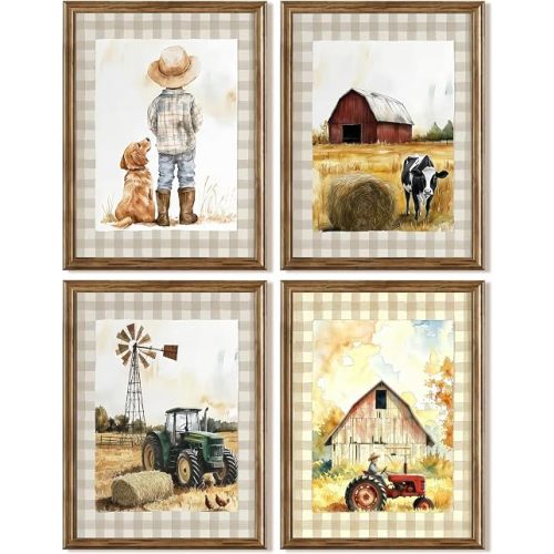 Farm Nursery Wall Art ,Watercolor Country Farmhouse Canvas Prints, Cow Tractor Barn Windmill Little Boy with Dog Poster, Rustic Farm Animal Wall Decor for Toddler Boys Bedroom Playroom Classroom,Set of 4,Unframed 8x10 Inch