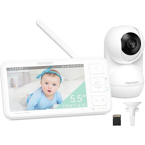 Momcozy Baby Monitor, 5.5 Inch Full HD 1080P Video Baby Monitor with Camera & Wall Mount, 5800mAh Battery No WiFi Night Clear, 2-Way Audio, Temperature Sensor, Lullabies, 1640ft Range, 32G SD Card