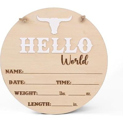 Hello World Wooden Baby Birth Announcement Sign – Western Bull Head Name Plaque with 3D Lettering – Stats Board for Photo Prop or Nursery Decor
