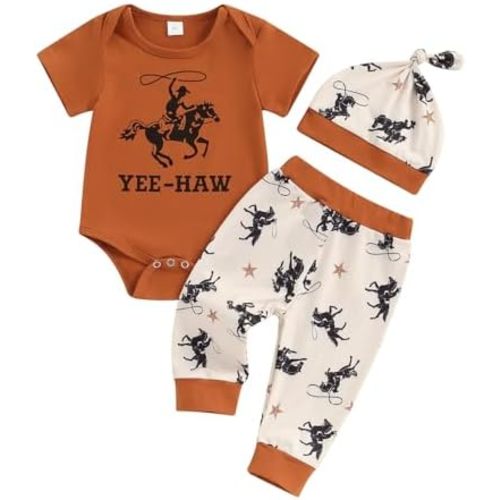 SAYOO This Is My First Rodeo Country Cowboy Funny Infant Baby Boy Bodysuit Long Pants Hat 3Pcs Western Coming Home Outfit
