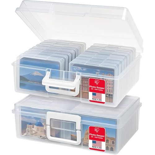IRIS USA 4" x 6" Photo Storage Box Craft Keeper, 2-Pack, Transparent Handle Container with 16 Organization Cases for Pictures, Crafts, Scrapbooking, Stationery Storage and Organization, Clear