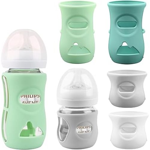 Silicone Sleeves for Avent Glass Natural Baby Bottle,4 Pack Bottles Shatter Proof Bottle Covers,Anti Flow Holder Compatible Baby Bottle 4 oz & 8 oz,BPA Free(Grey+White+Blue+Green)