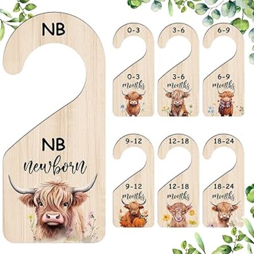 7 Pcs Highland Cow Baby Closet Dividers Double Sided Wooden Nursery Closet Dividers for Baby Boy Girl Newborn to 24 Months Home Nursery Supplies