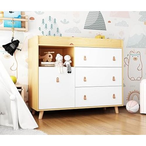 Changing Table Dresser, Baby Nursery Dresser with 3 Drawers and Shelf, Top Guardrail and Large Storage Cabinet, Hidden Trash Storage, Baby Changing Dressers for Nursery Room, White + Natural