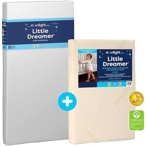 Moonlight Slumber Little Dreamer Crib Mattress and Waterproof Machine Washable Crib Mattress Cover - 2-Stage Crib Mattress + Easy Slip-On Protector - 52"x 28"x 5"