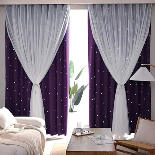 Kinryb Star Cutout Blackout 95 Inches Curtains Double Layer with Sheer Overly Curtains for Bedroom Thermal Insulated Window Treatment Set with 2 Free Tiebacks (52W x 95L 2 Panels Purple)